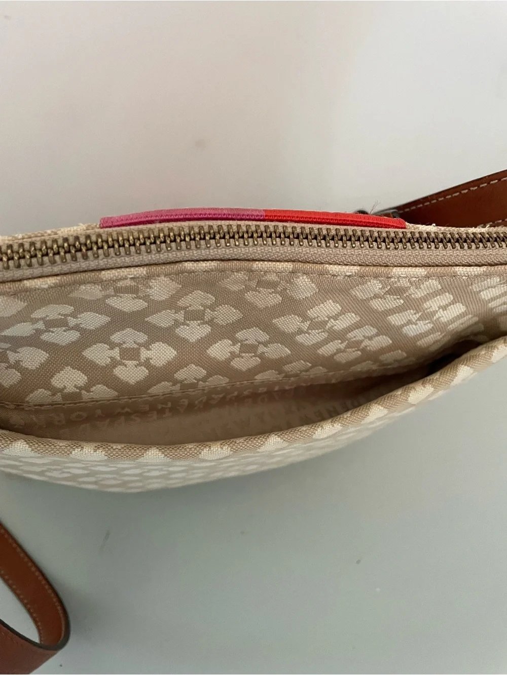 Kate Spade Beige Crossbody with Pink and Red Center Stripe